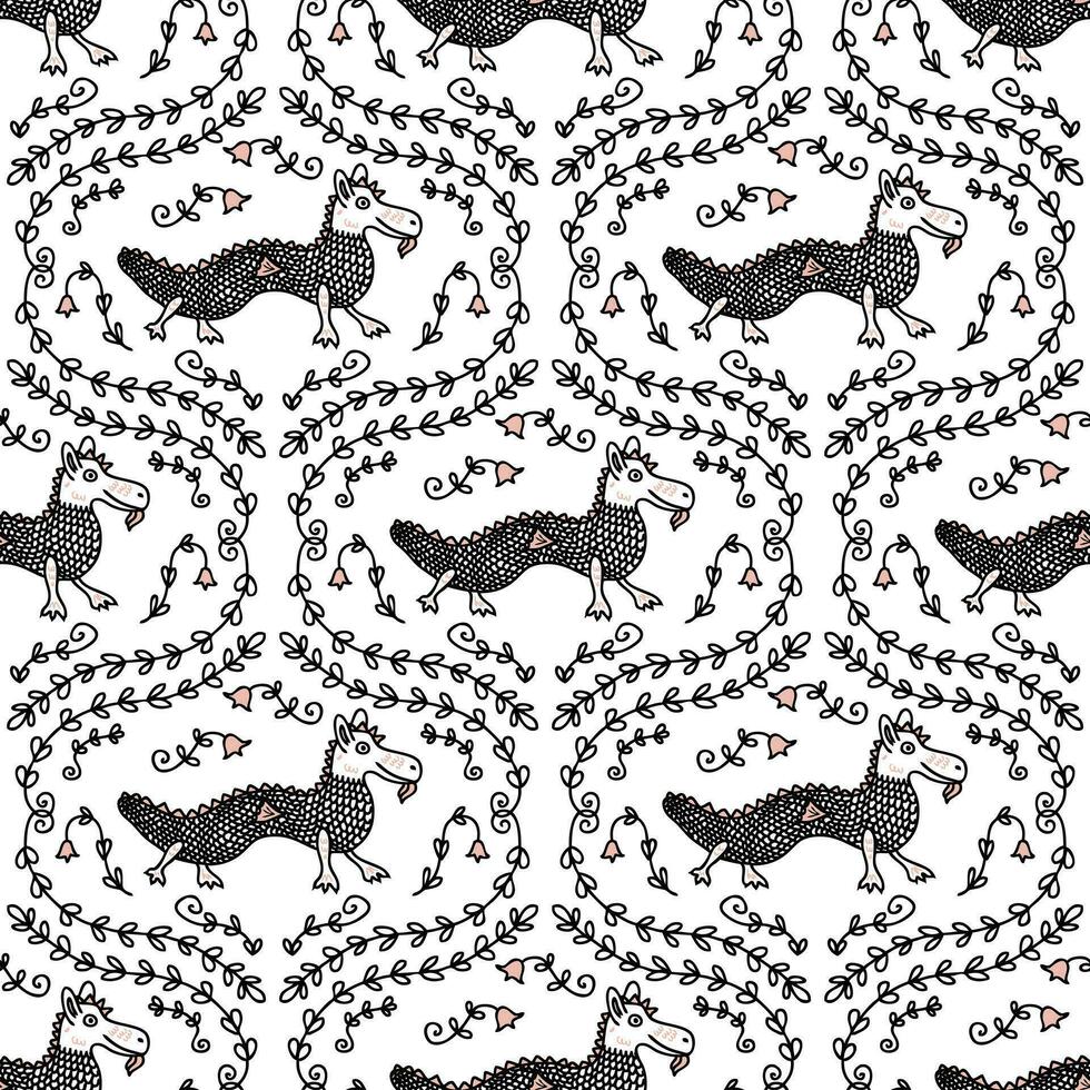 Doodle surrealistic dragons monsters seamless pattern. Fantasy print for tee, paper, textile and fabric. Doodle vector illustration.