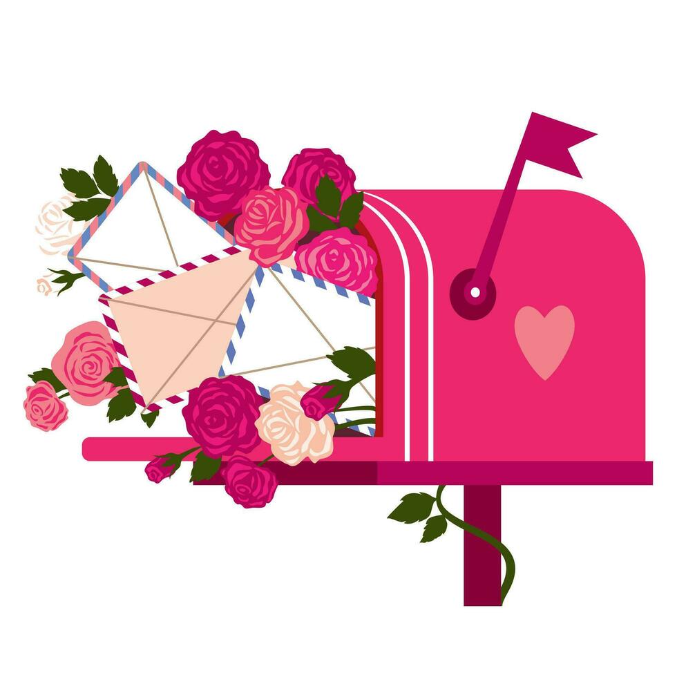 A mailbox with letters and roses for Valentine's Day. Vintage pink mailbox with flowers and valentines. Illustrated vector clipart.