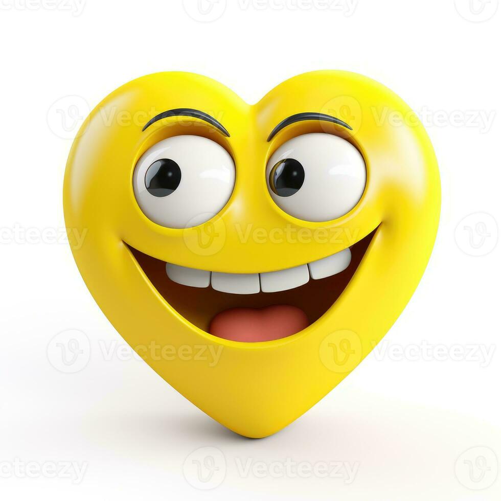 AI generated Yellow heart emoji with smiley face on white background photo