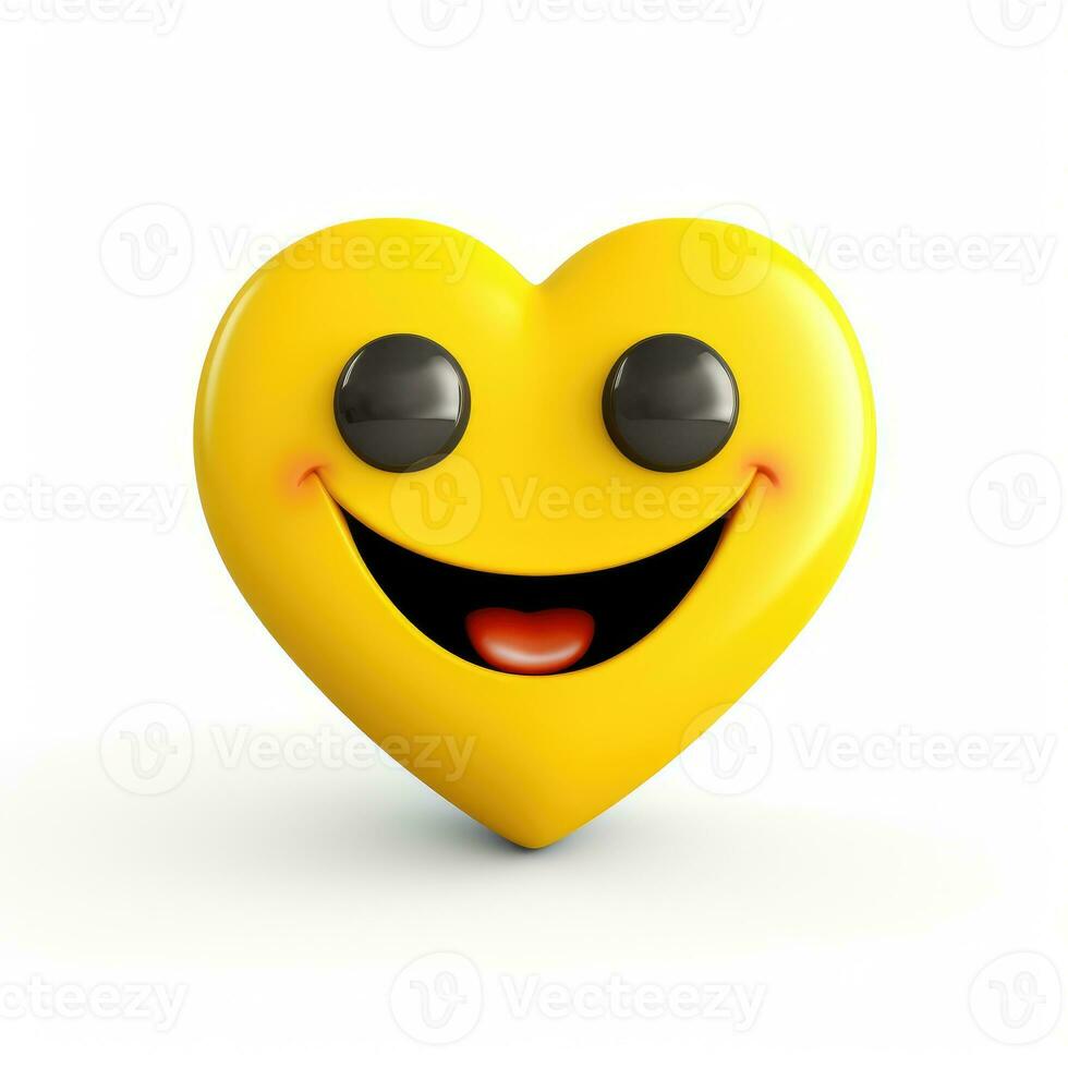 AI generated Yellow heart emoji with smiley face on white background photo