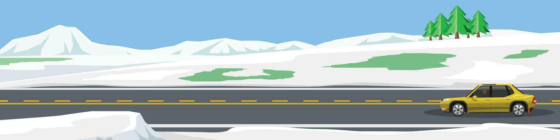 Landscape or horizontal travels of sedan car with driving for banner. Asphalt road near the wide open space of snow and mountain under clear sky. Copy Space Flat Vector or Illustration.