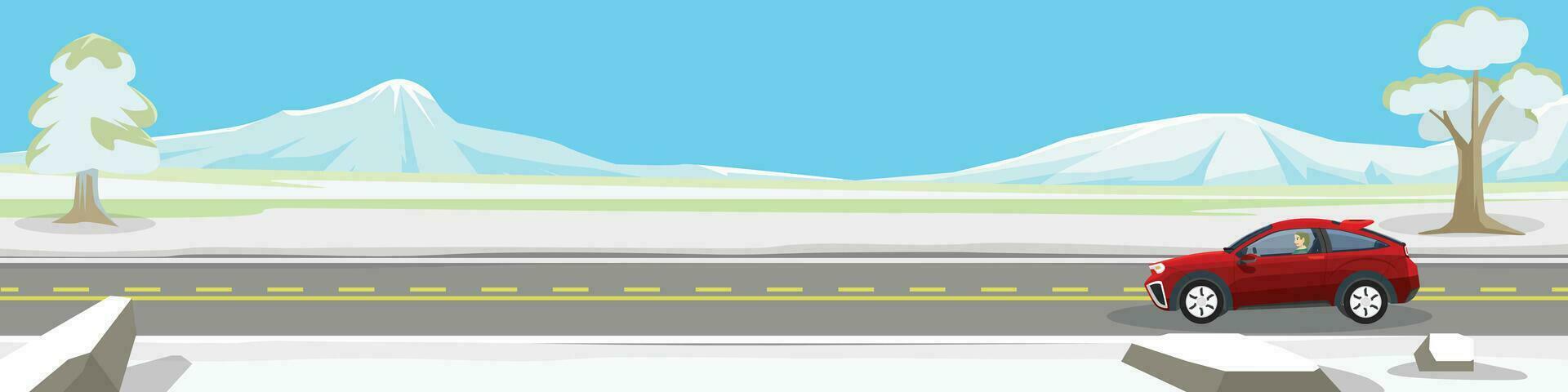 Landscape or horizontal travels of hatchback car with driving for banner. Asphalt road near the wide open space of snow and mountain under clear sky. Copy Space Flat Vector. vector