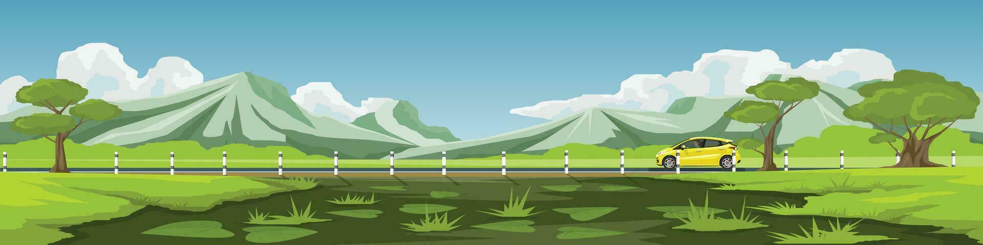 Travels of hatchback car with driving for banner. Asphalt road  has boundary posts and near the vast meadows and swamps with mountain under blue sky and white clouds. Copy Space Flat Vector. vector