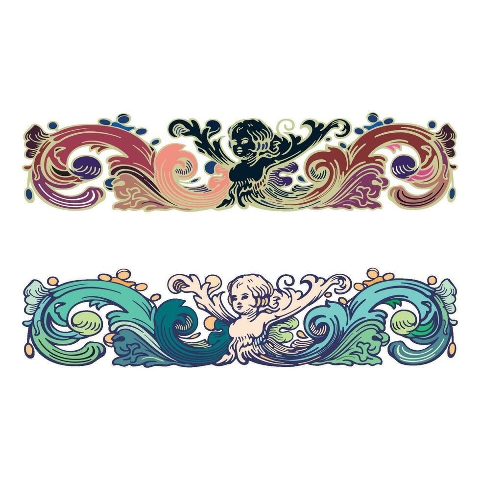 Clásico retro floral caligráfico Arte decorativo elementos bosquejo conjunto con flores y querubín aislado vector