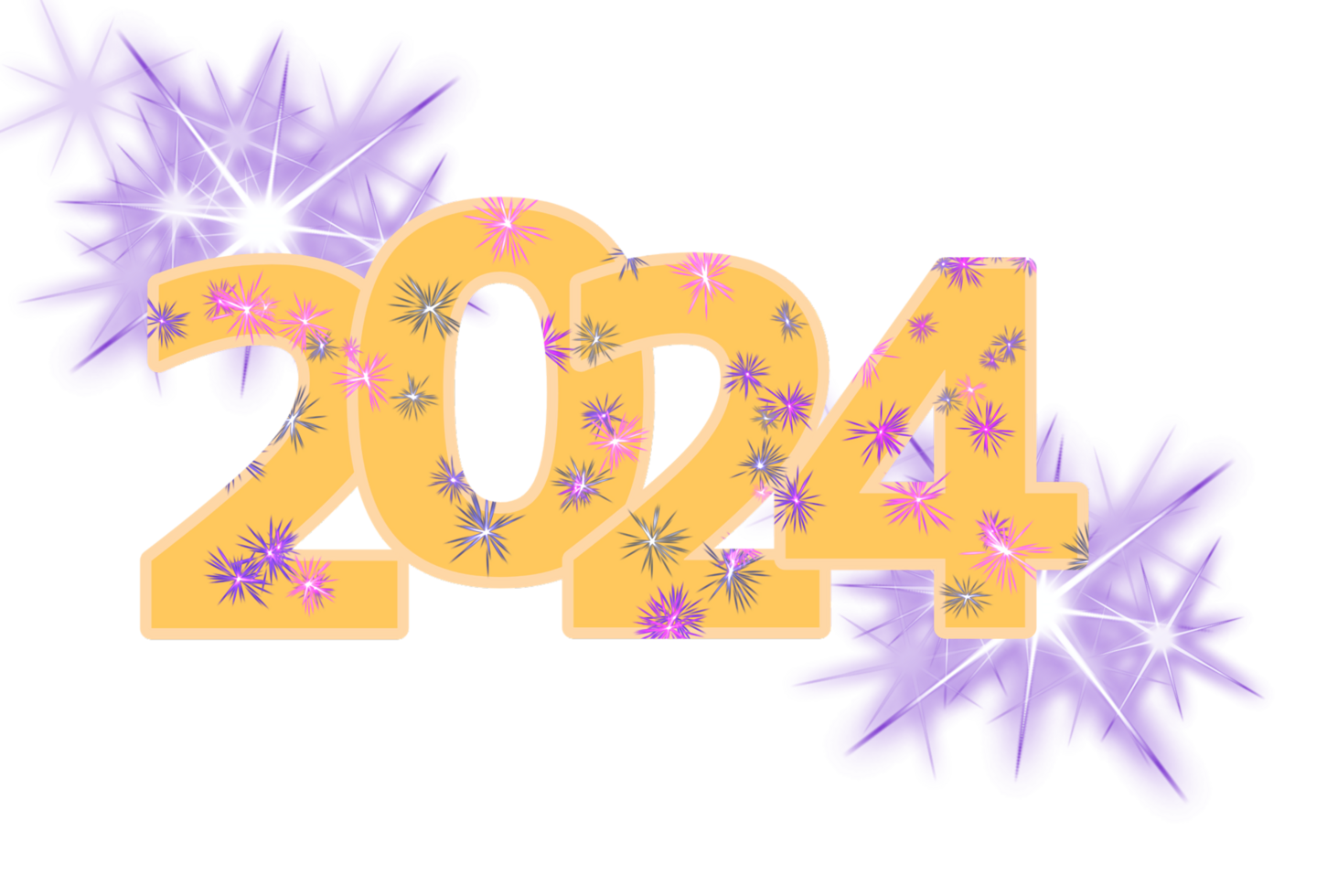 Happy New Year 2024 Banner Background Design on transparent Background, with carved fireworks and shining stars png