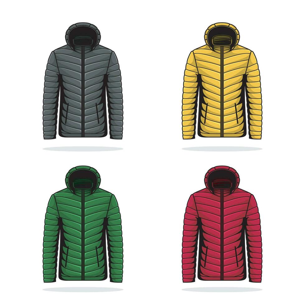 The set of puffer jacket full zip front closure, adorned with a stylish zipper pull, allows for easy wear and temperature control. vector