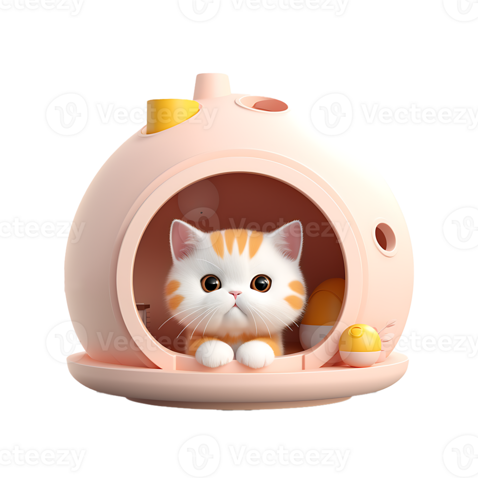 AI generated 3D Cute Cat Peeking Out of Cat House Isolated On Transparent Background png