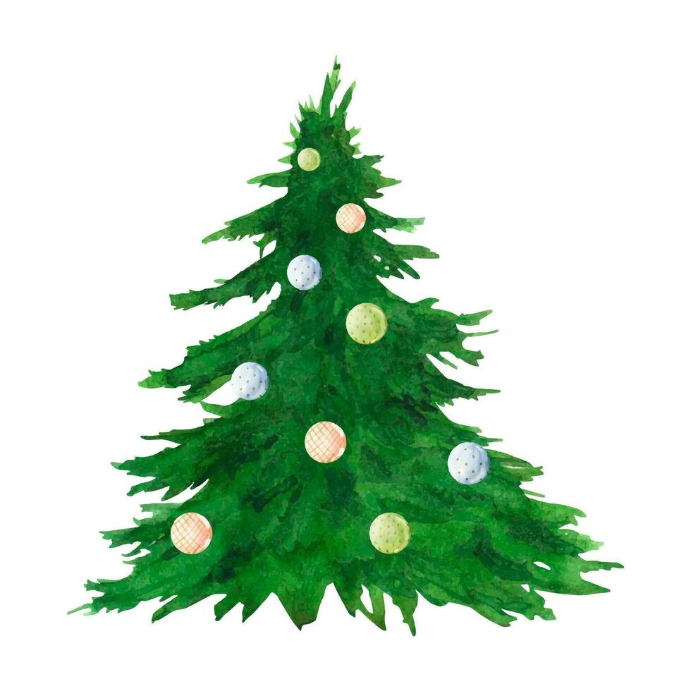 Watercolor illustration Christmas tree. Vector. Winter holiday clip art, evergreen pine. Xmas and New Year green conifer plant elements isolated on white background vector