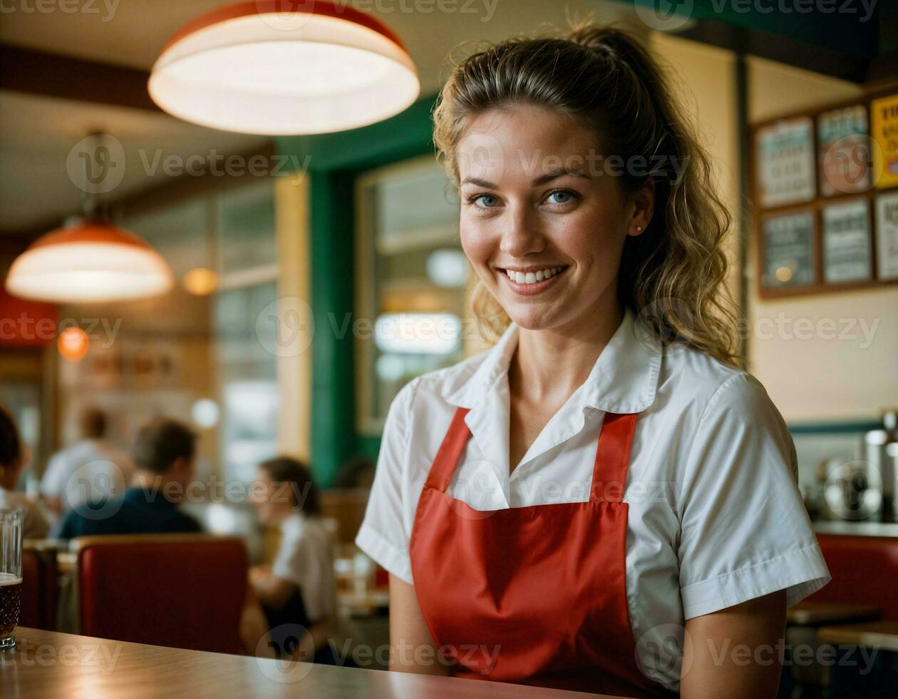 AI generated photo of beautiful woman as a waitress in retro dining restaurant, generative AI