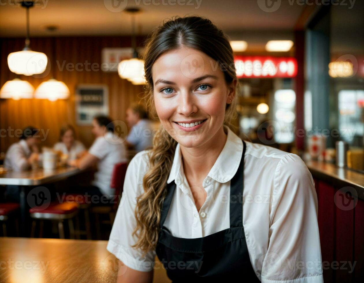 AI generated photo of beautiful woman as a waitress in retro dining restaurant, generative AI