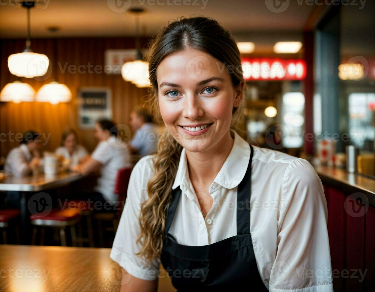 ai generado foto de hermosa mujer como un camarera en retro comida restaurante, generativo ai