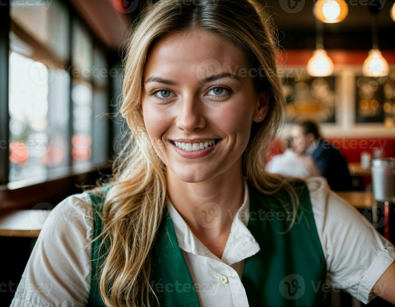 ai generado foto de hermosa mujer como un camarera en retro comida restaurante, generativo ai