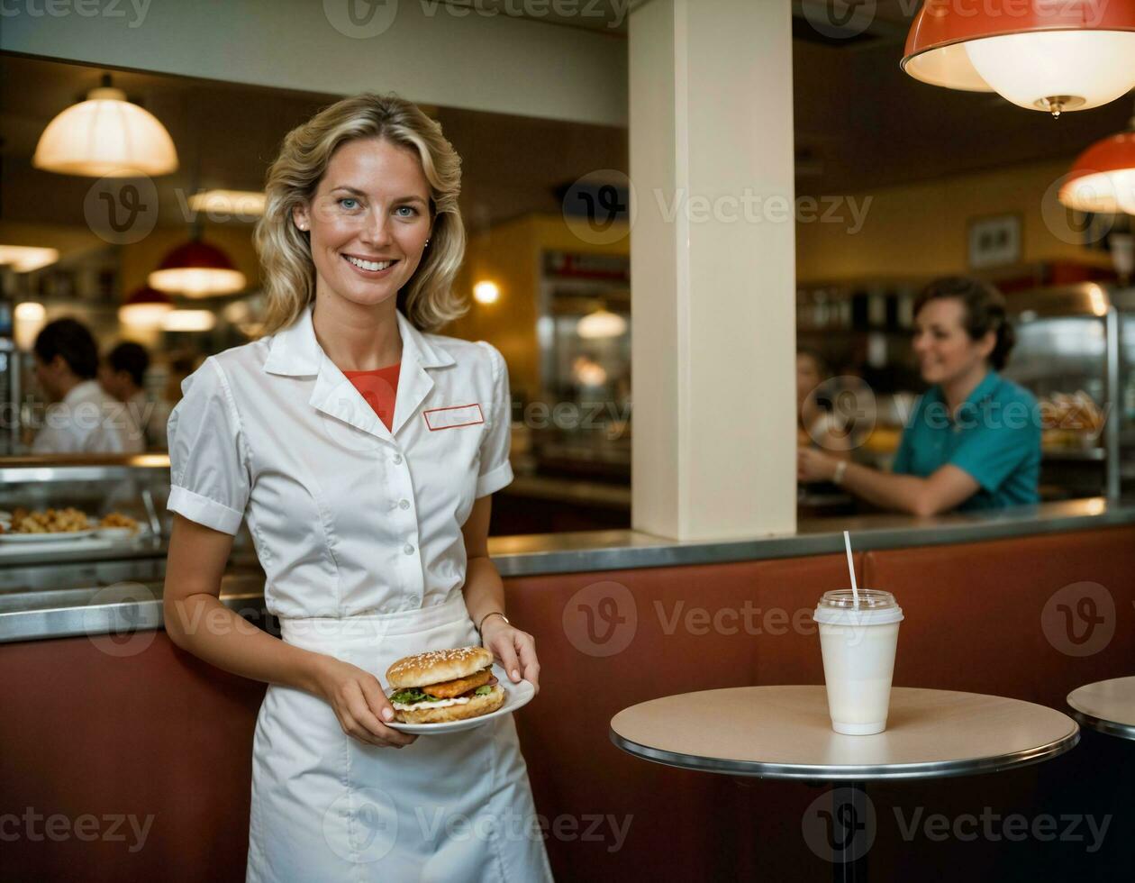 AI generated photo of beautiful woman as a waitress serving food in retro dining restaurant, generative AI