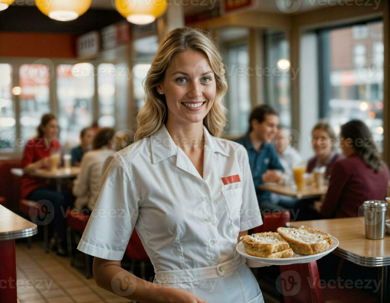 AI generated photo of beautiful woman as a waitress serving food in retro dining restaurant, generative AI