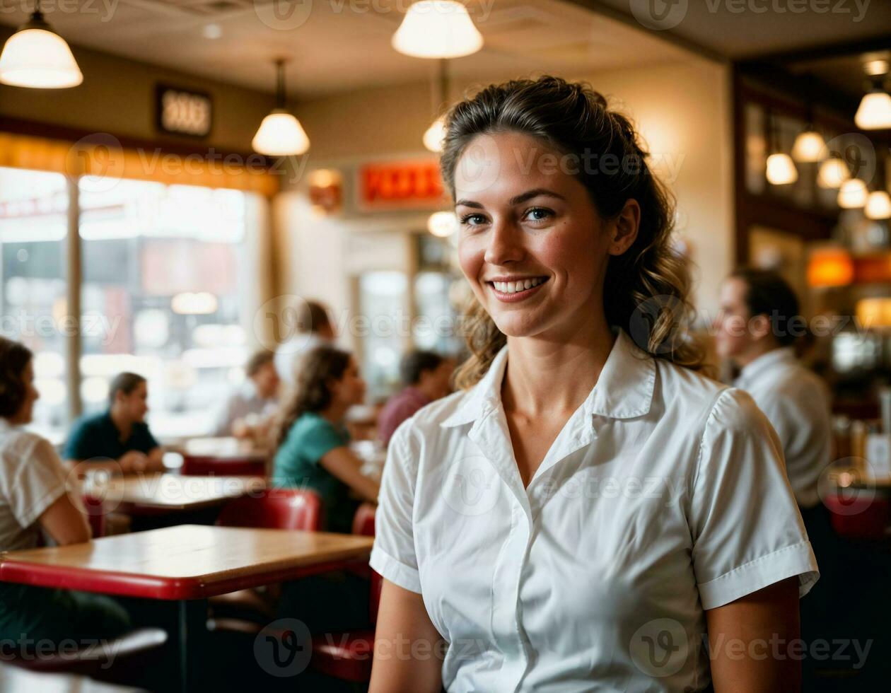 AI generated photo of beautiful woman as a waitress in retro dining restaurant, generative AI