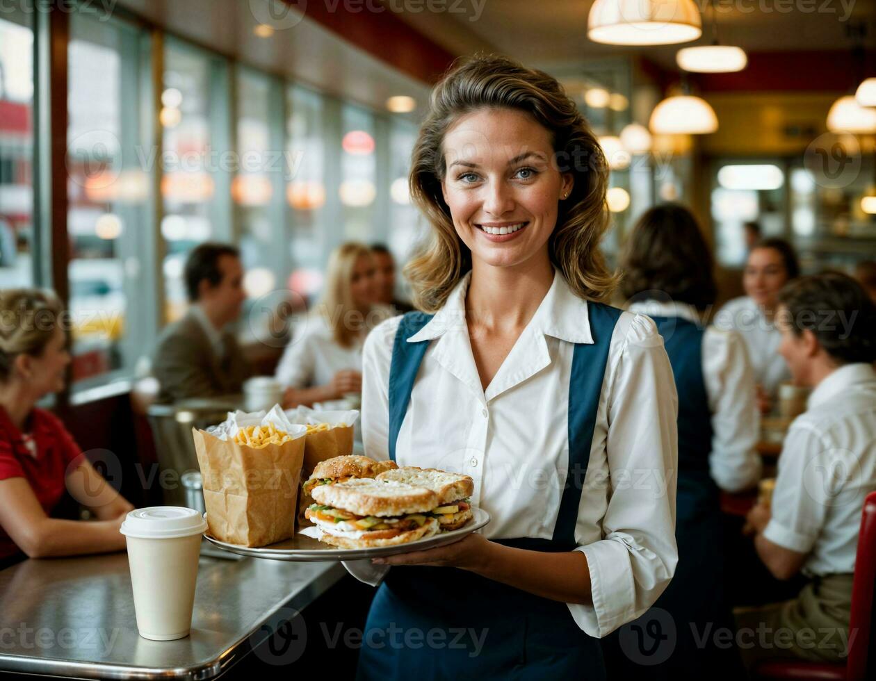 AI generated photo of beautiful woman as a waitress serving food in retro dining restaurant, generative AI