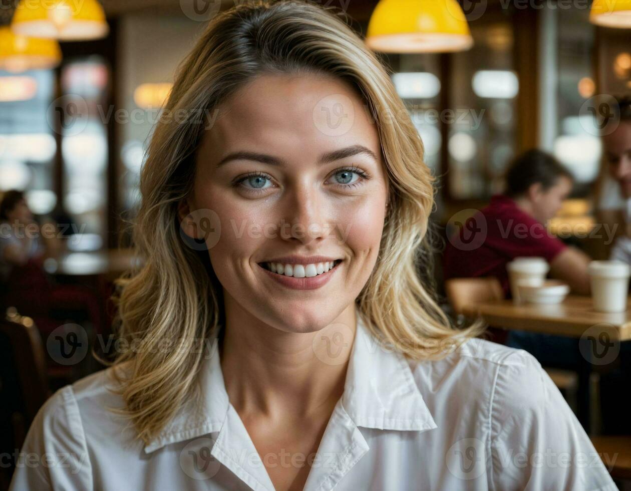 AI generated photo of beautiful woman as a waitress in retro dining restaurant, generative AI