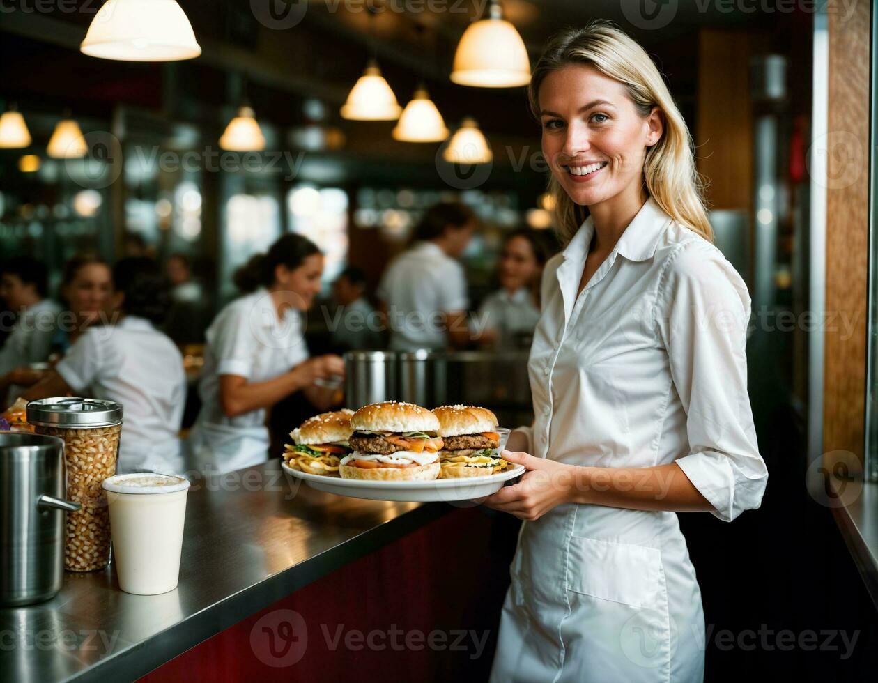 AI generated photo of beautiful woman as a waitress serving food in retro dining restaurant, generative AI