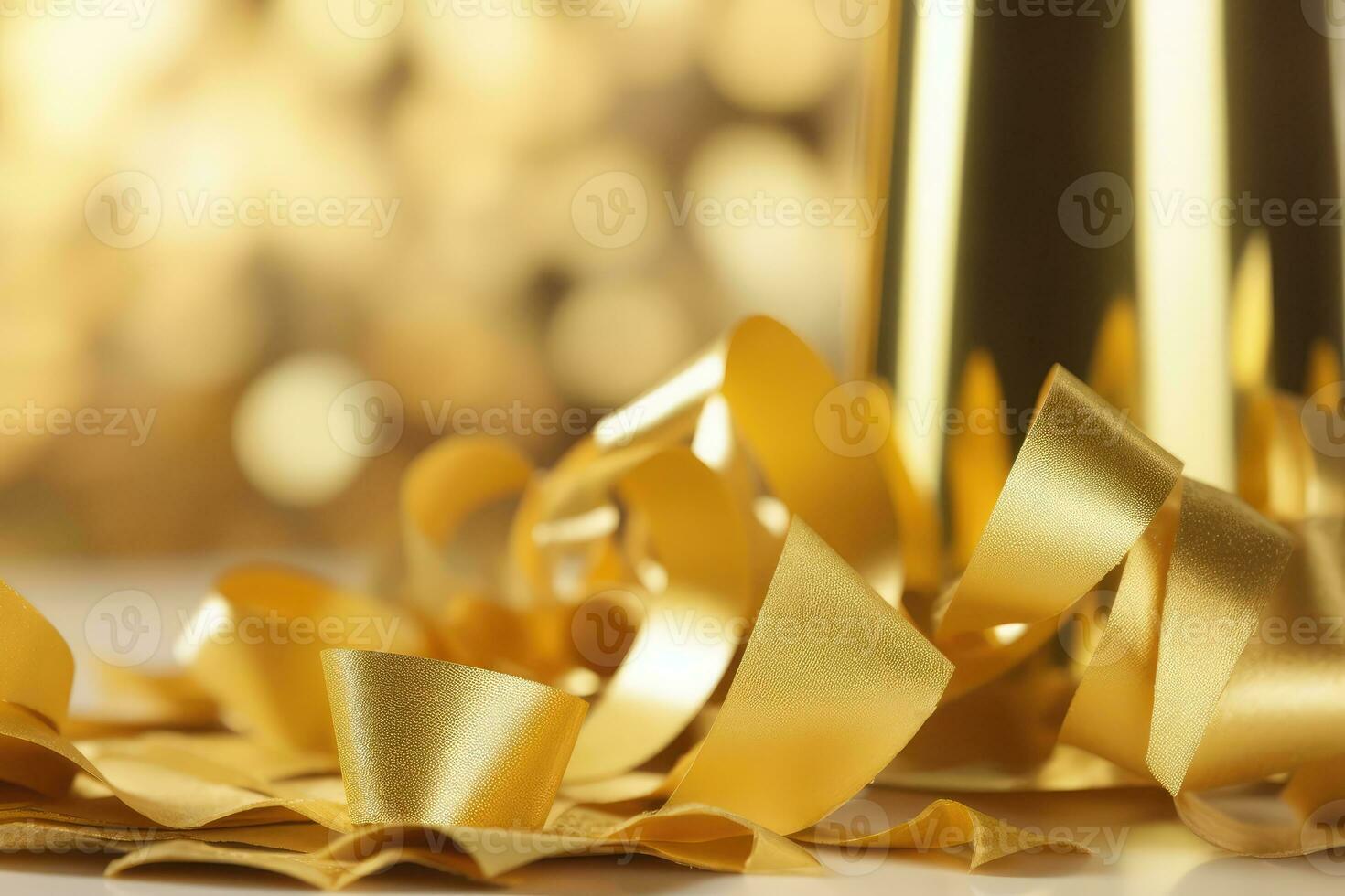 AI generated Abstract festive golden background with confetti and a ribbon photo