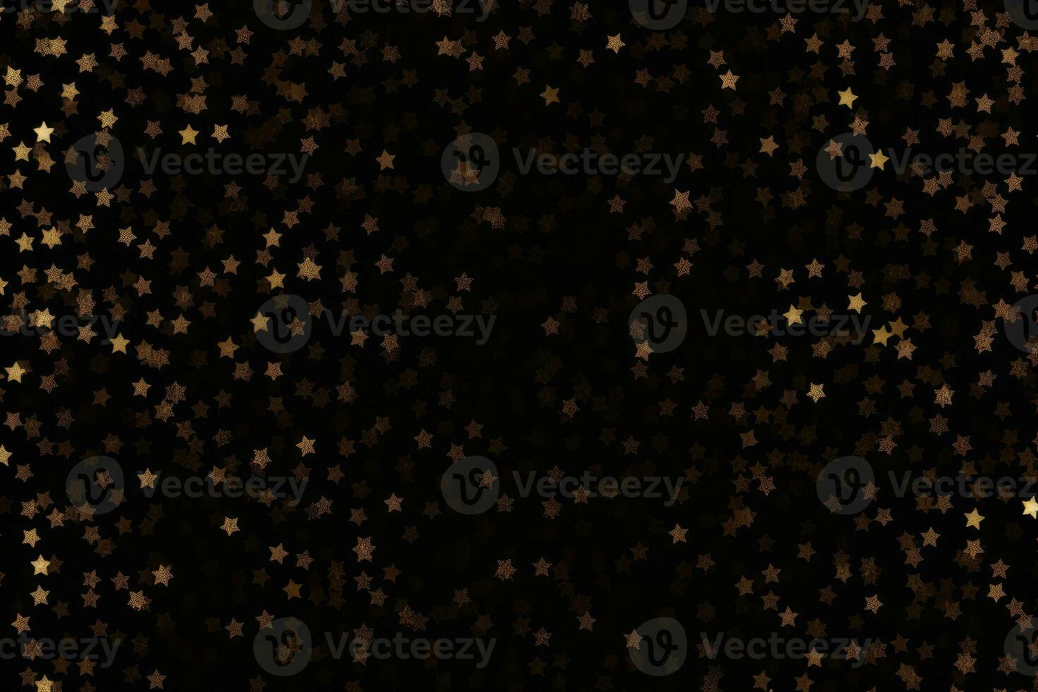 AI generated Abstract festive dark background of golden sparkle stars with copy space for text. photo