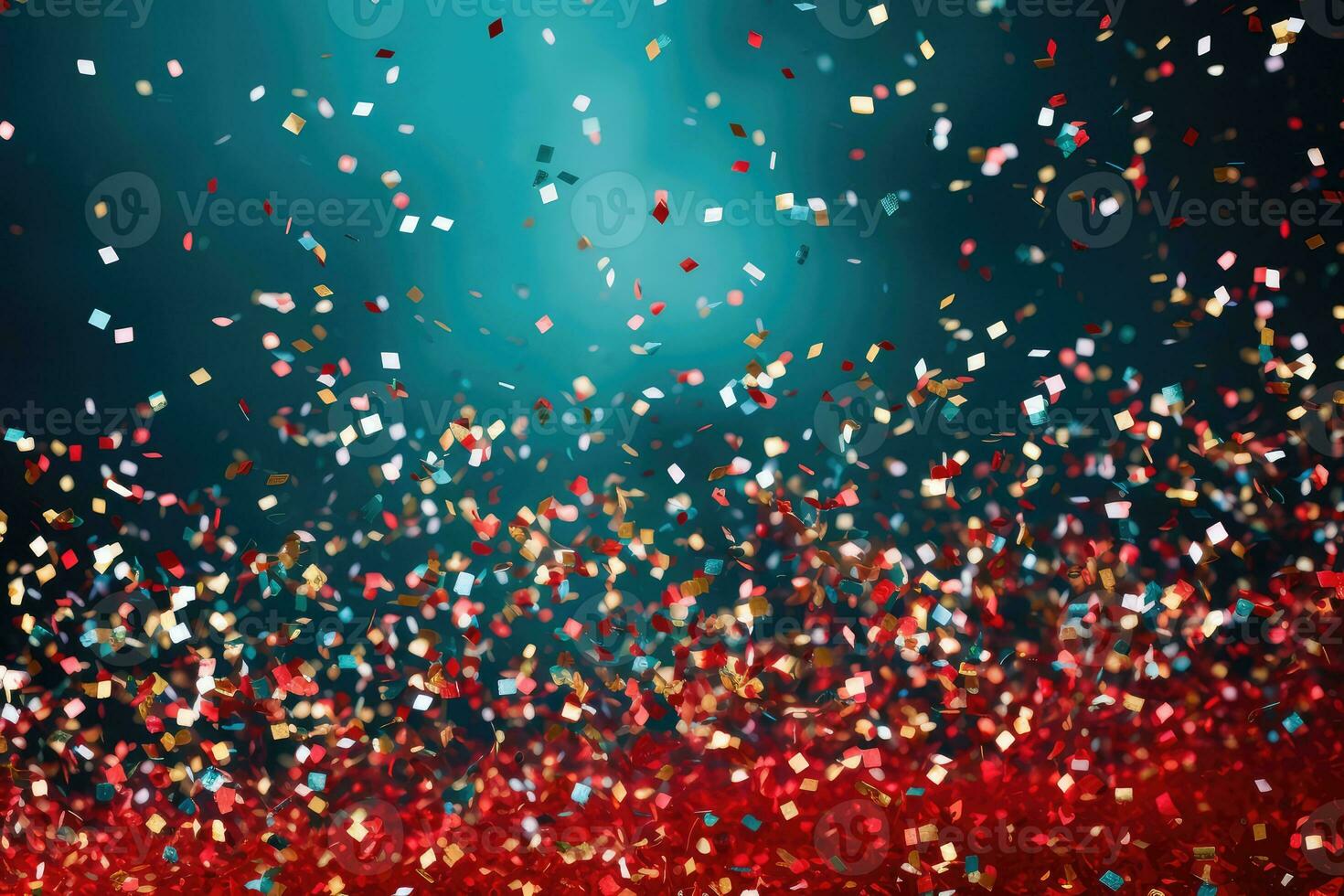 AI generated Abstract festive blue and red bokeh background of defocused golden sparkle splash of confetti photo