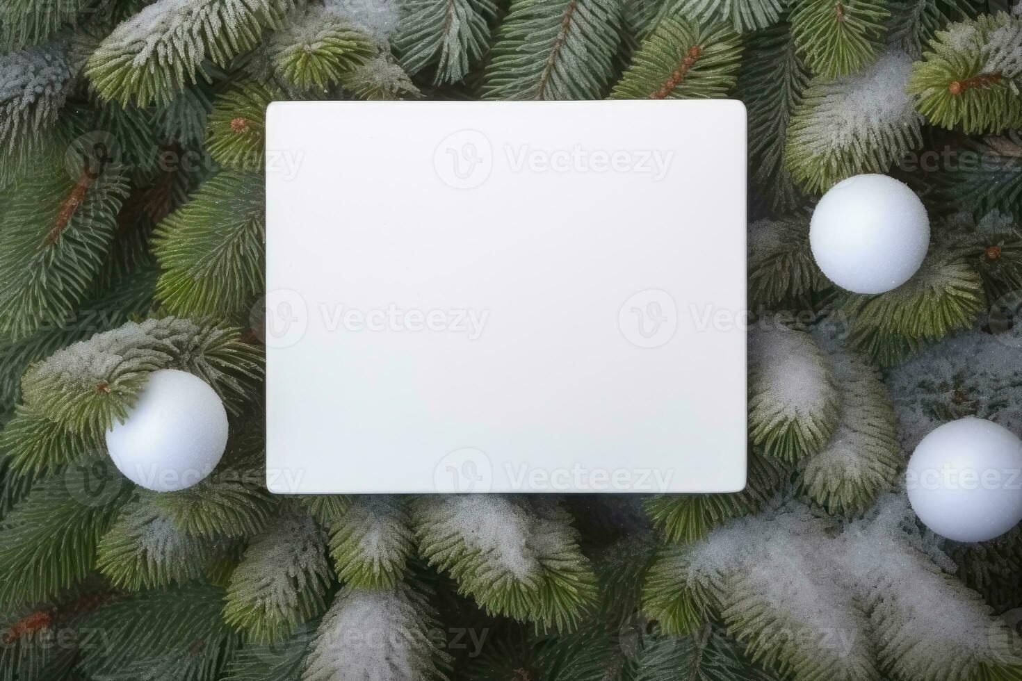 AI generated White card blank, template, mockup on a festive background of fir tree. snowflakes and toy balls photo