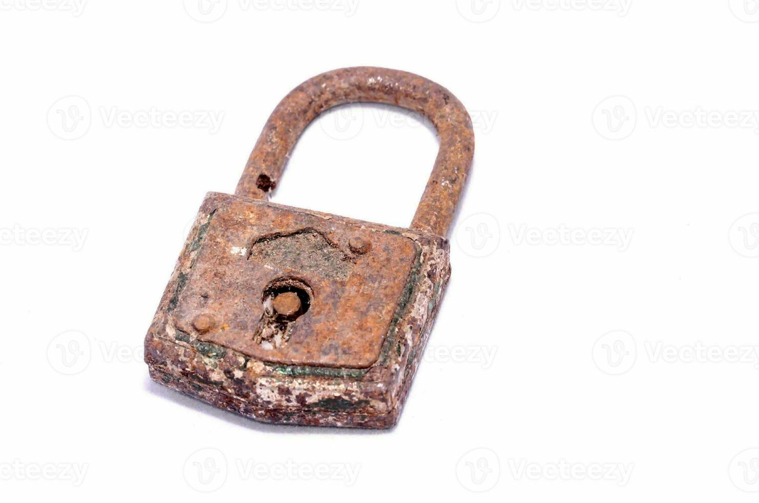 old rusty padlock on white background photo