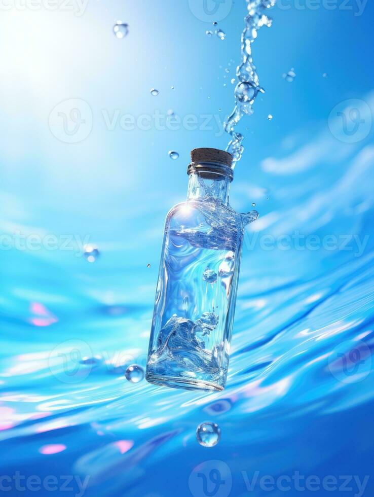 AI generated transparent bottle on water background, ai photo