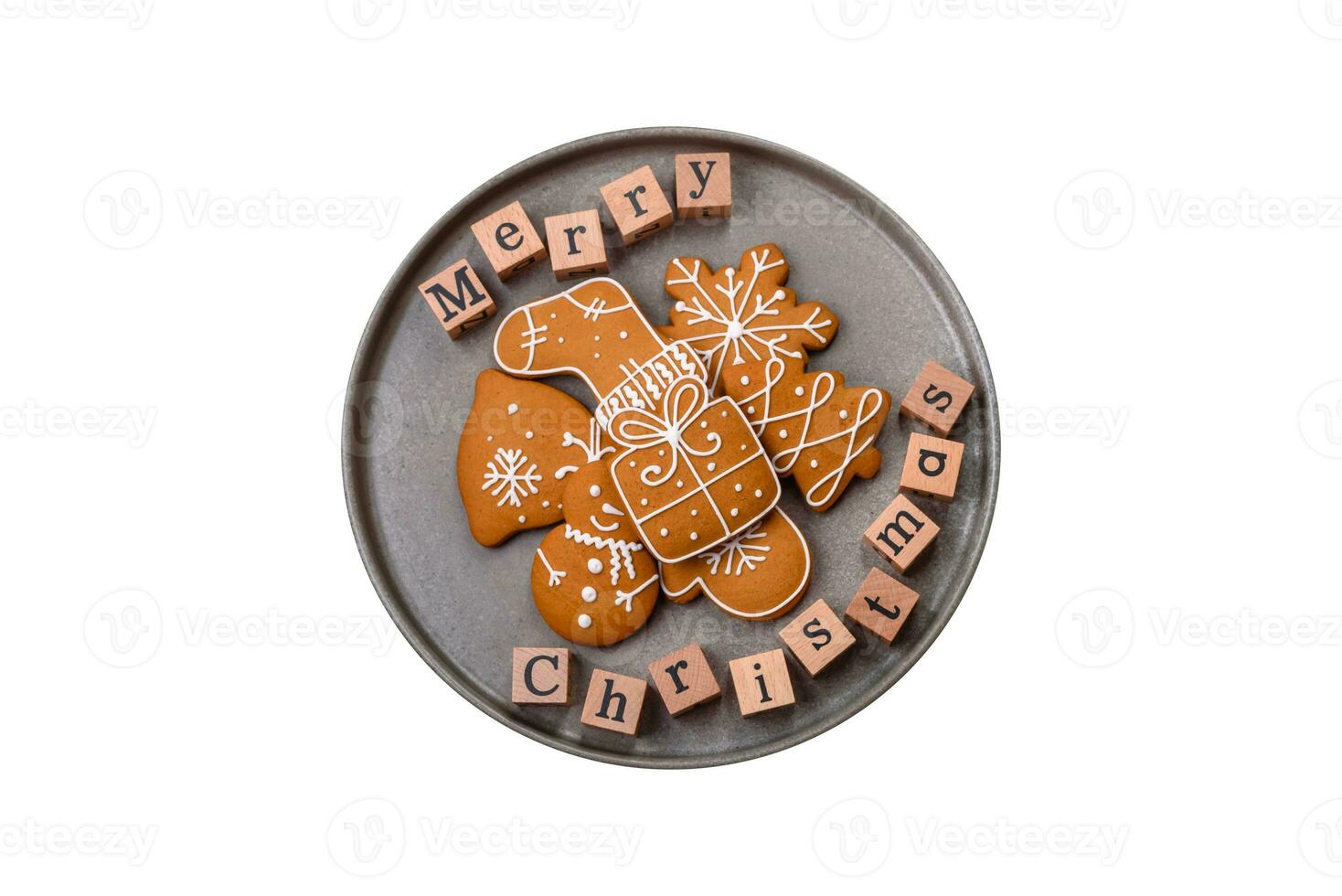 Beautiful Christmas composition with copy space with an inscription in wooden cubes photo