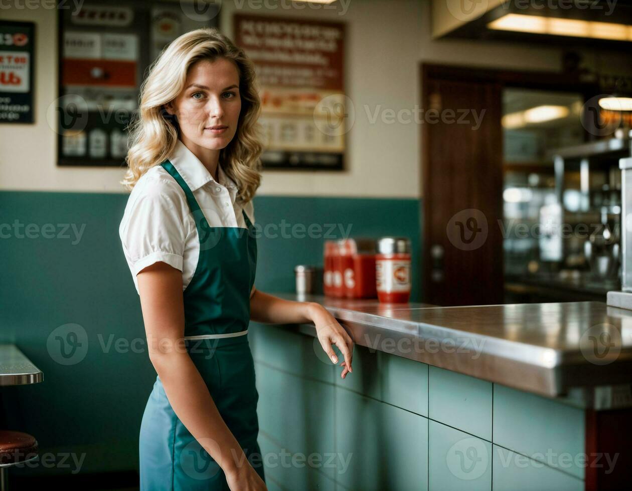 AI generated photo of beautiful woman as a waitress standing in retro dining restaurant, generative AI