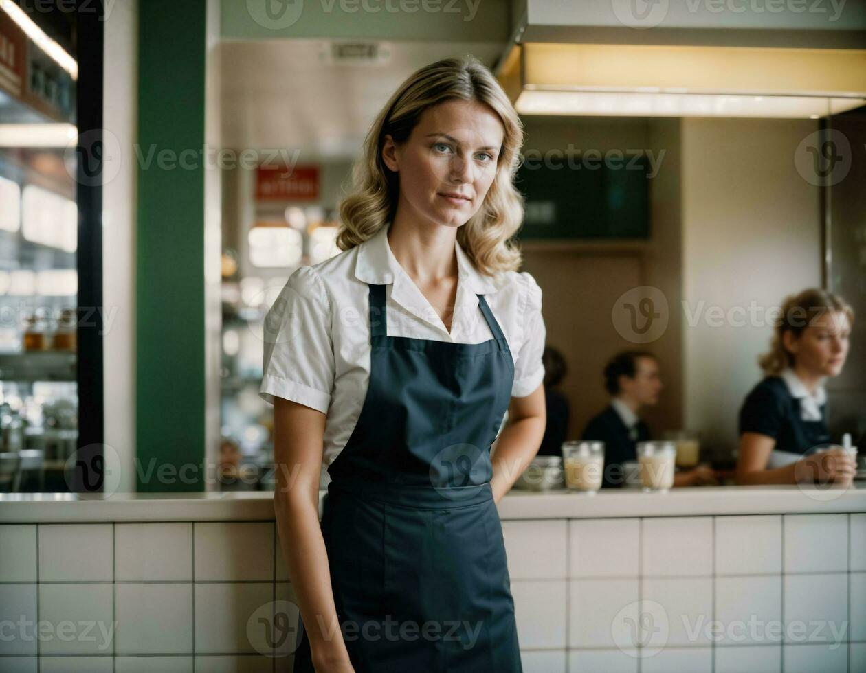 ai generado foto de hermosa mujer como un camarera en pie en retro comida restaurante, generativo ai