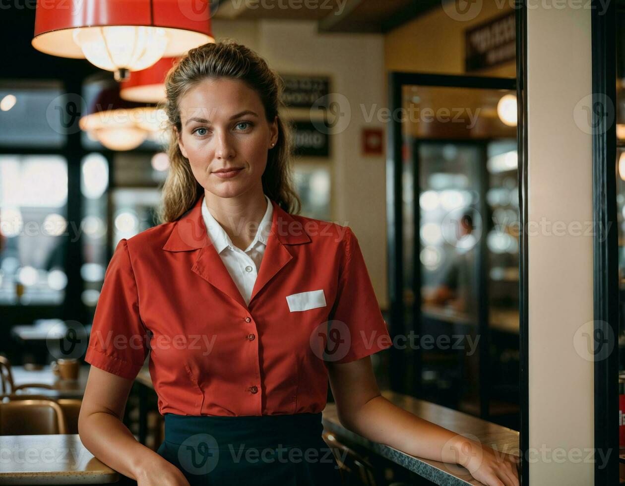 AI generated photo of beautiful woman as a waitress standing in retro dining restaurant, generative AI