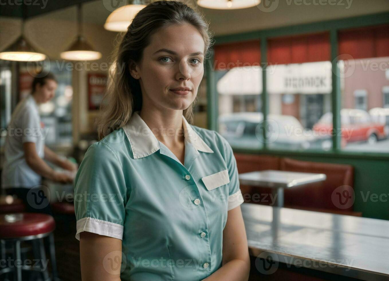 AI generated photo of beautiful woman as a waitress standing in retro dining restaurant, generative AI