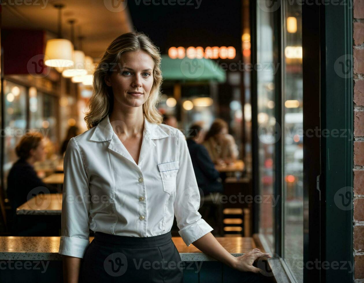 AI generated photo of beautiful woman as a waitress standing in retro dining restaurant, generative AI