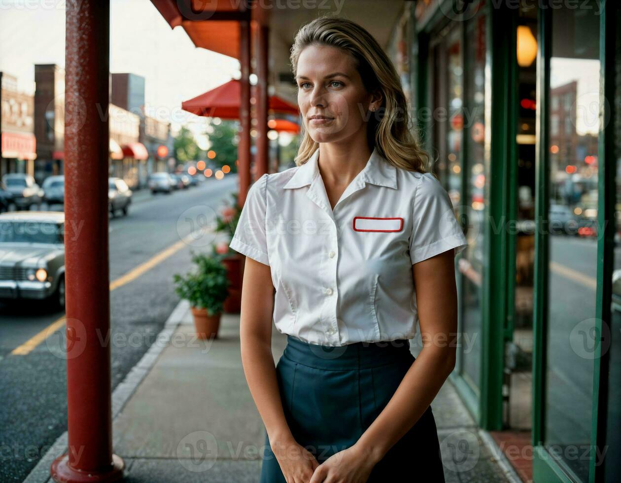 ai generado foto de hermosa mujer como un camarera en pie en retro comida restaurante, generativo ai