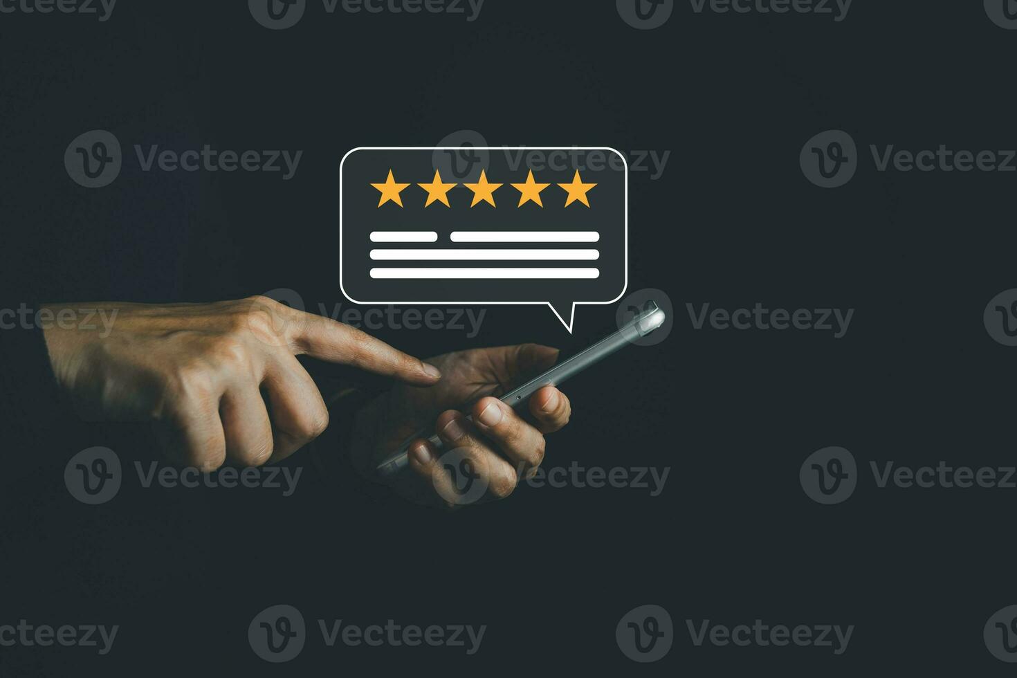 Satisfied customer experience concept, happy business customer using smartphone, the best review, High quality service, Most rated, the highest score, 5 stars, Social media very good. photo
