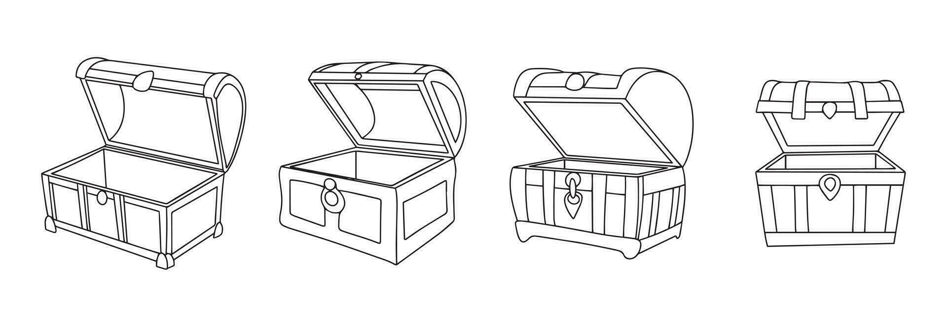 Set of hand drawn chest in doodle style. Collection of open empty chest, box outline. Hand drawn vector art.