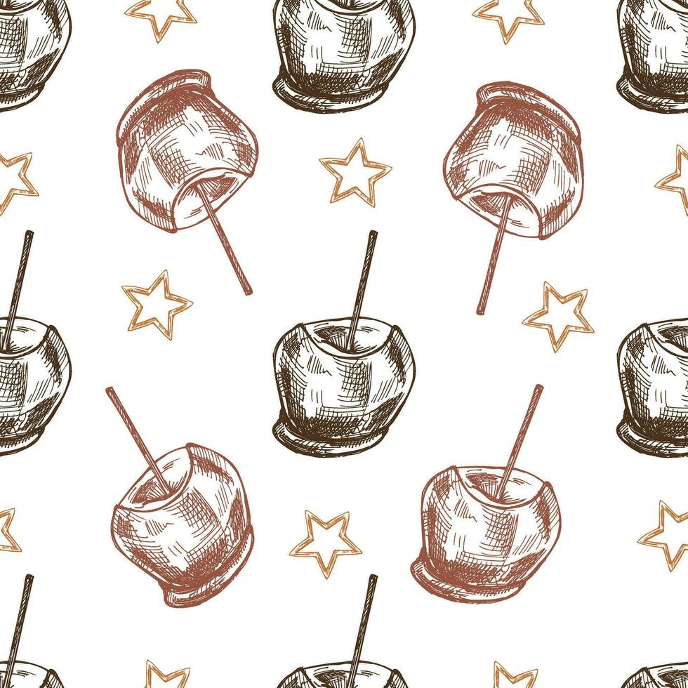 Seamless pattern of hand-drawn Candy Taffy apples with nut sprinkles. Vector food drawing. Traditional Christmas, Halloween dessert. Vintage holiday design.