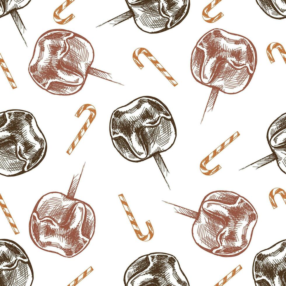 Seamless pattern of hand-drawn caramel apple and candy cane in sketch style. Vector food drawing. Illustration for packaging, menu. Vintage holiday design with caramel apples.