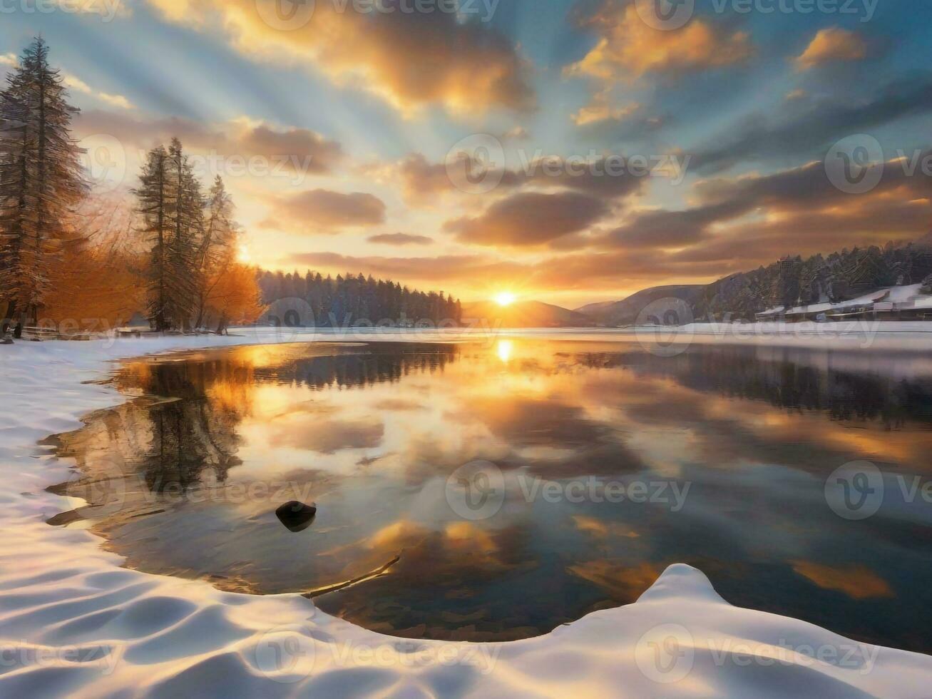 AI generated Scenic View Of Frozen Lake Against Sky During Winter photo