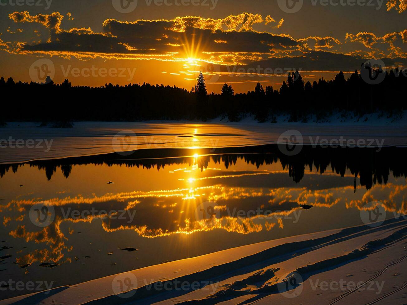 AI generated An image of a vibrant sunset over a serene lake, with colorful reflections shimmering on the water with snow photo