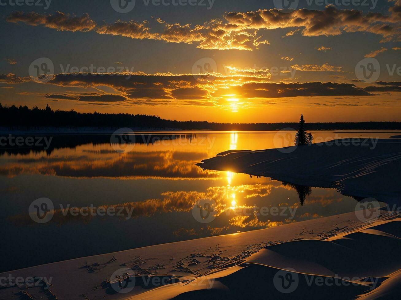 AI generated An image of a vibrant sunset over a serene lake, with colorful reflections shimmering on the water with snow photo