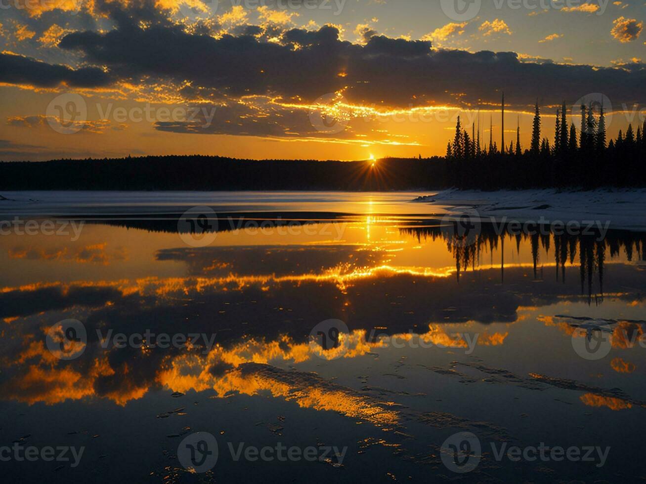 AI generated An image of a vibrant sunset over a serene lake, with colorful reflections shimmering on the water with snow photo