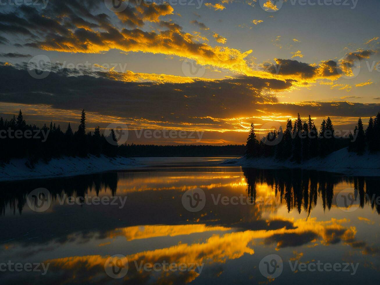 AI generated An image of a vibrant sunset over a serene lake, with colorful reflections shimmering on the water with snow photo