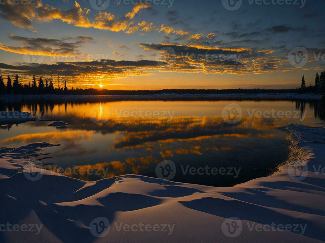 AI generated An image of a vibrant sunset over a serene lake, with colorful reflections shimmering on the water with snow photo