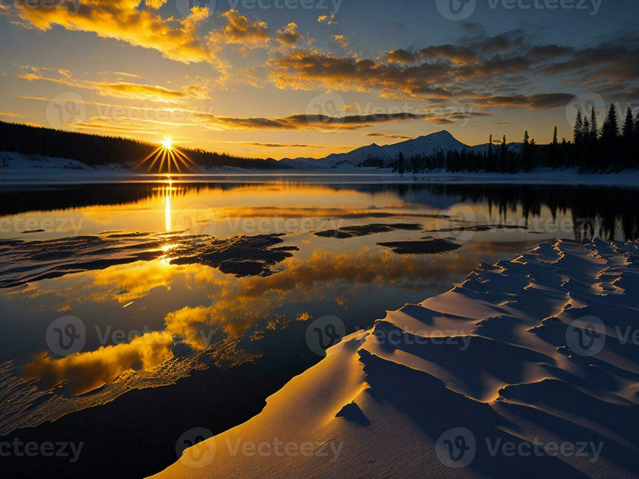 AI generated An image of a vibrant sunset over a serene lake, with colorful reflections shimmering on the water with snow photo