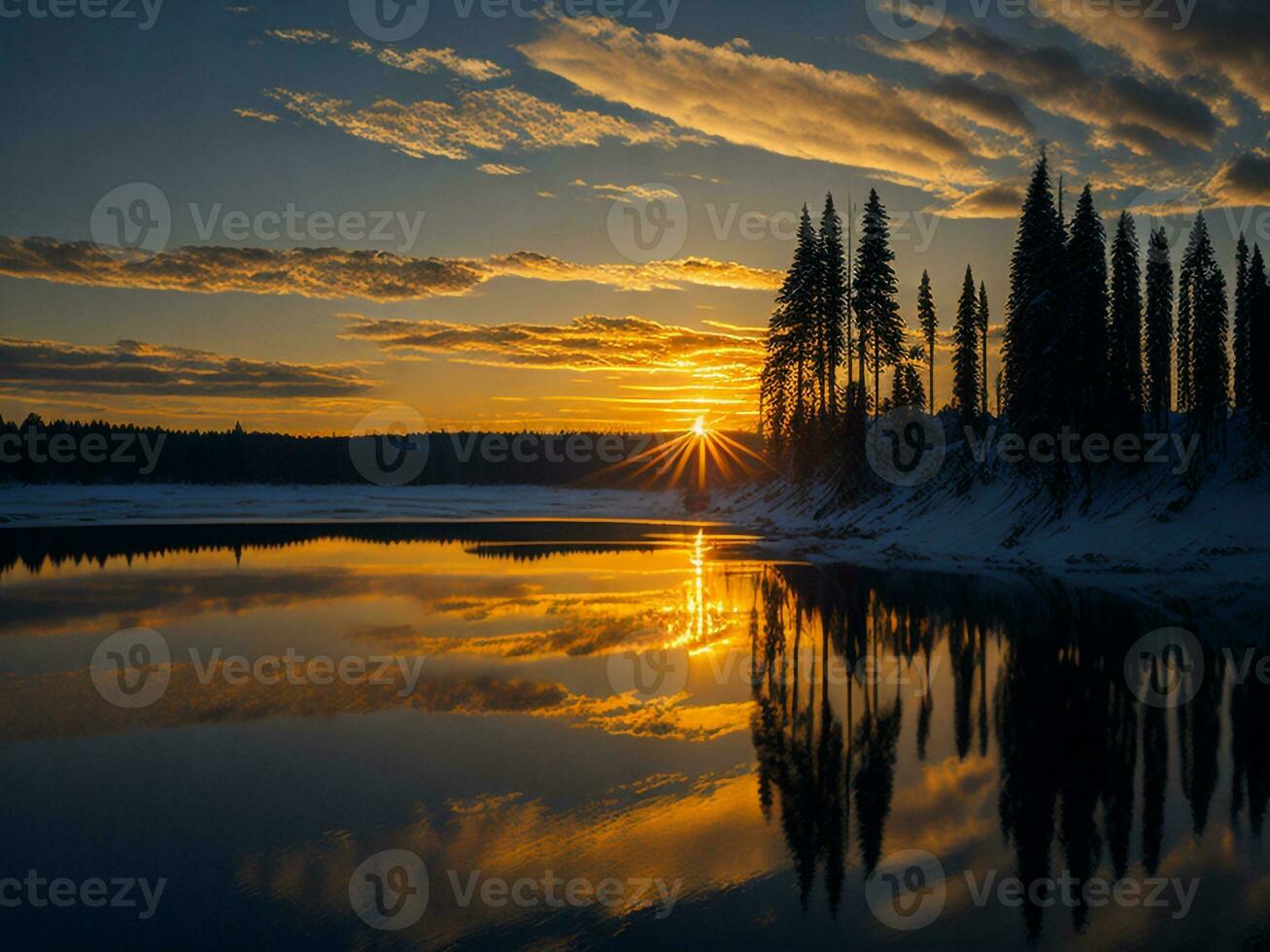 AI generated An image of a vibrant sunset over a serene lake, with colorful reflections shimmering on the water with snow photo