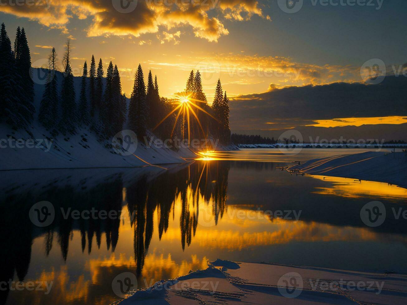 AI generated An image of a vibrant sunset over a serene lake, with colorful reflections shimmering on the water with snow photo