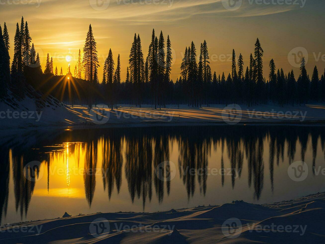 ai generado un imagen de un vibrante puesta de sol terminado un sereno lago, con vistoso reflexiones reluciente en el agua con nieve foto