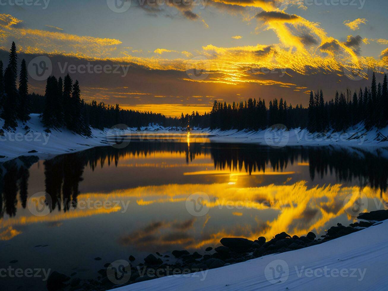 AI generated An image of a vibrant sunset over a serene lake, with colorful reflections shimmering on the water with snow photo